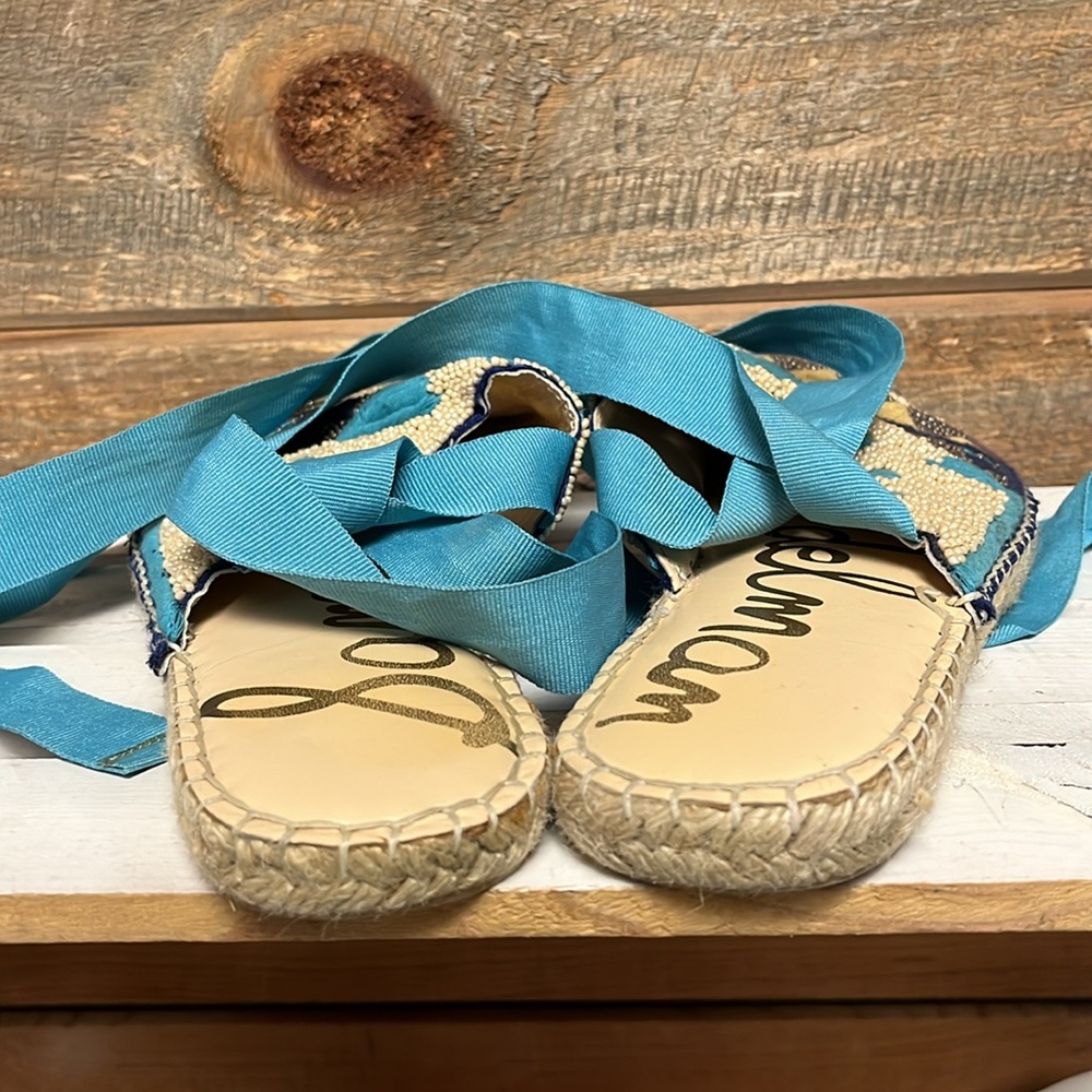 SAM EDELMAN Karolyn Beaded India Blue Lace-Up Espadrilles 9 - Picture 6 of 8